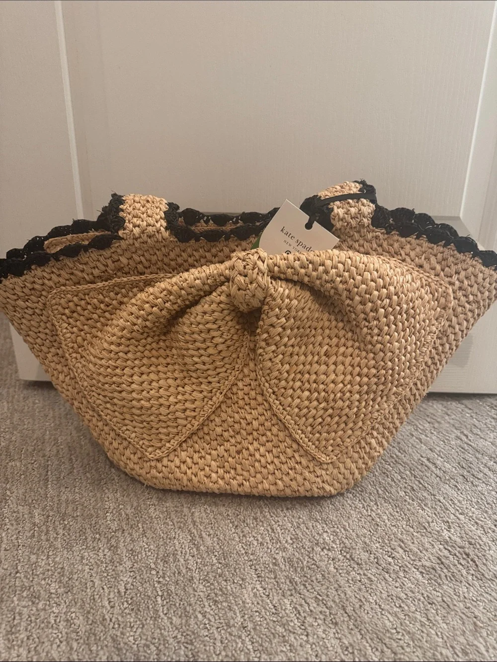 Kate Spade Natural Straw Tote with Black Trim and Front Bow